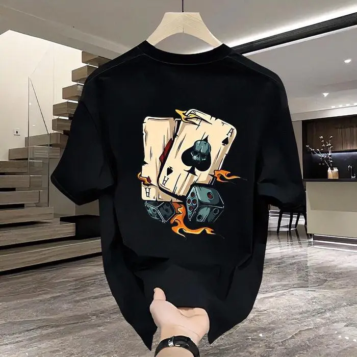メンズ-カジュアル-クルーネック-シャツ-スタンダード-フィット-ポーカー-ダイス-プリント-コットン-tシャツ-幾何学模様-半袖-ベーシック-スタイル-デイリー用