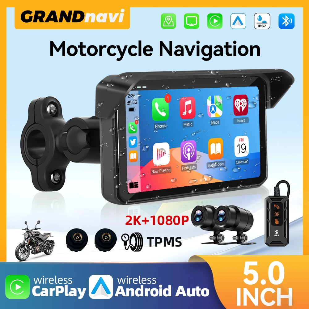 

5-дюймовый портативный сенсорный экран для мотоцикла, GPS, беспроводной Carplay, IP67, водонепроницаемый BSD 2K AHD1080P, Bluetooth, мото-навигация, солнцезащитный козырек