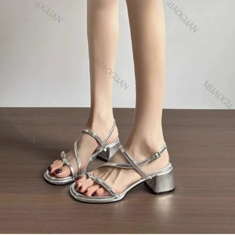 Sandals Designer New 2026 Dress Women Metal Decoration Ladies Narrow Band Buckle Thick Heels Female Shoes Outside Party Clip Toe