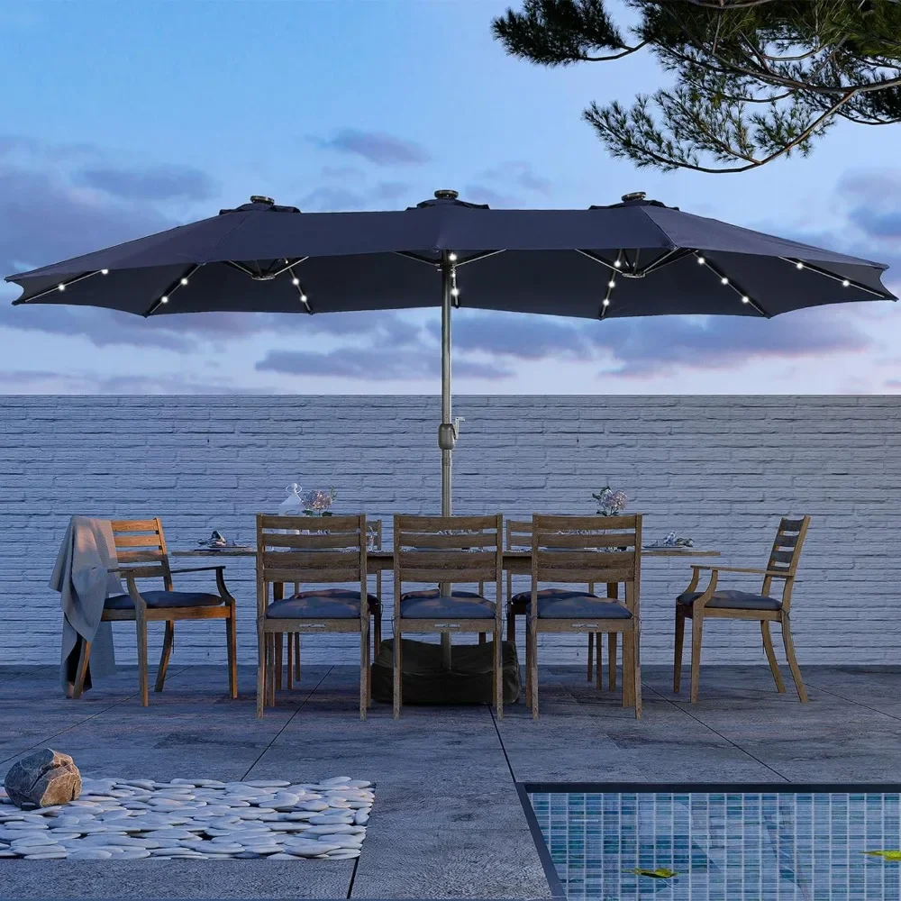 Parapluie de terrasse avec lumières solaires, grand parapluie double face, base incluse, manivelle, 36 corps, 12 os, 15 pi