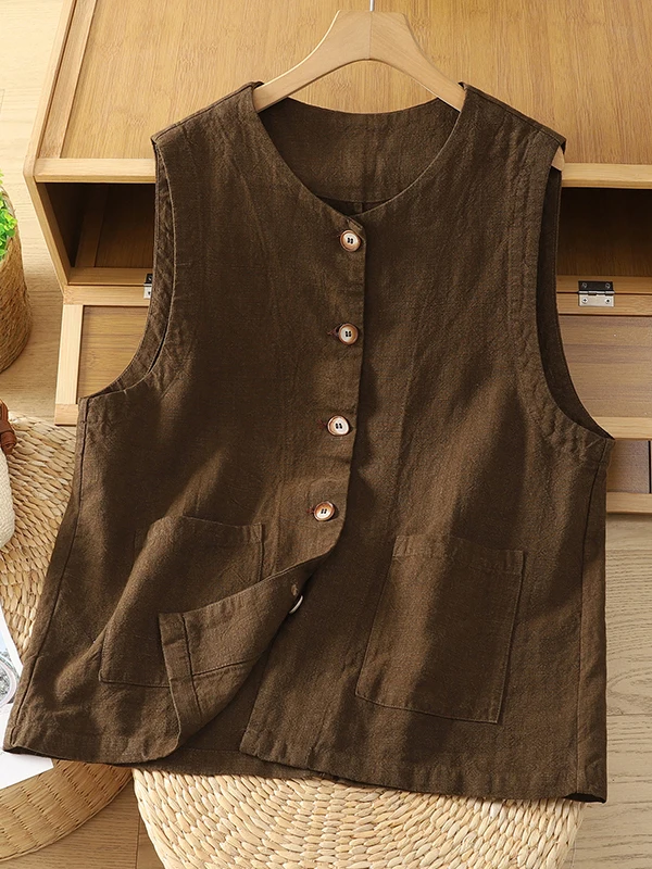 

Retro Japanese Sle Women's Cotton Linen Vest Summer Thin Loose Slimming Layered Wear oulder Pad Vest Top Button round Ne