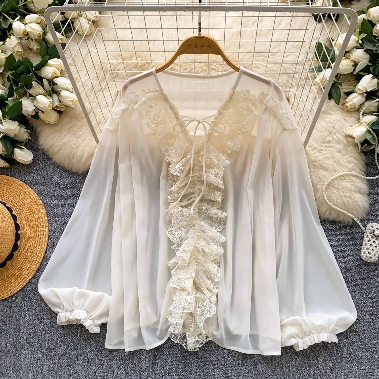 

Tanks Tops Women Top V Neck Ful Sleeve Ruffles Solid Lace Sexy Camis Y2k Streetwear Casual Loose Elegant Work Spring 2026