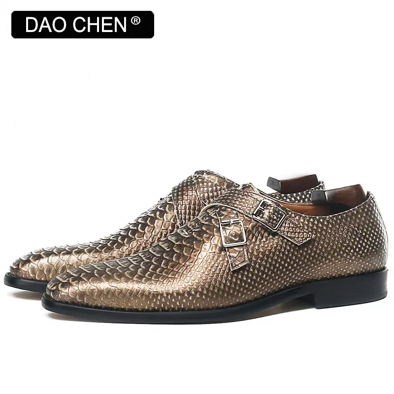 LUXURY BRAND MEN LOAFERS SHOES SNAKE PRINT LEATHER CASUAL DRESS SHOES BUCKLE STRAP SLIP ON OFFICE WEDDING MONK SHOES MEN