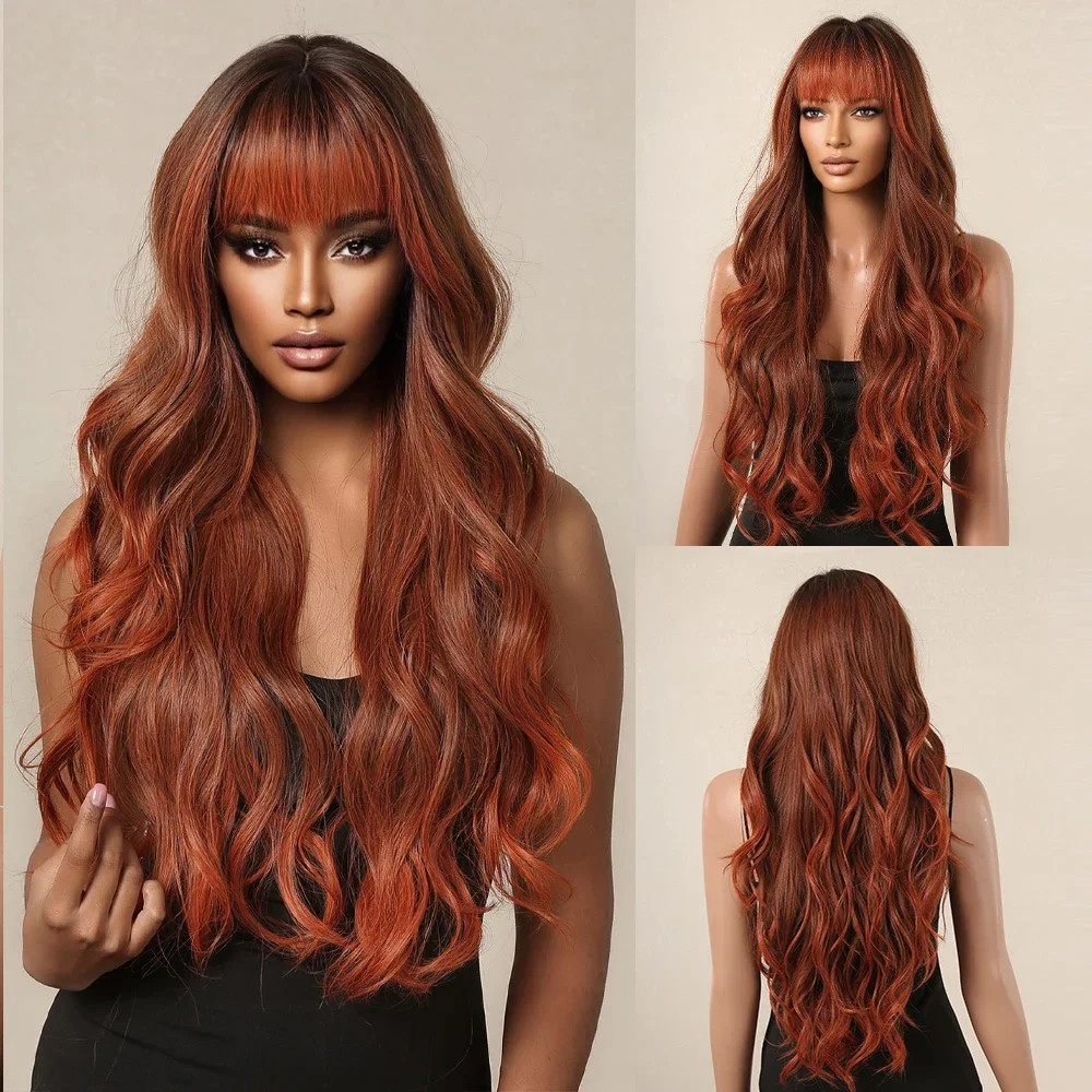 Long Body Wave Red Brown Synthetic Wigs with Bangs Copper Orange Hair for Women Daily Cosplay Party Natural Heat Resistant Wigs