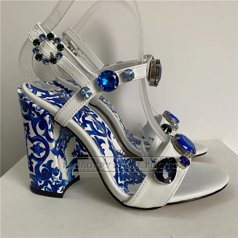 Luxury Diamond Crystal Decor Modern Sandals Women Blue And White Porcelain Print Ankle Strap Summer Shoes For Girls