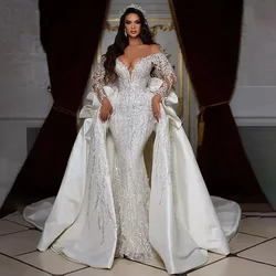 Customzied Shoulder Beads Sequins Wedding Dresses with Detachable Train Fashion Court Train Luxury Bride Dresses