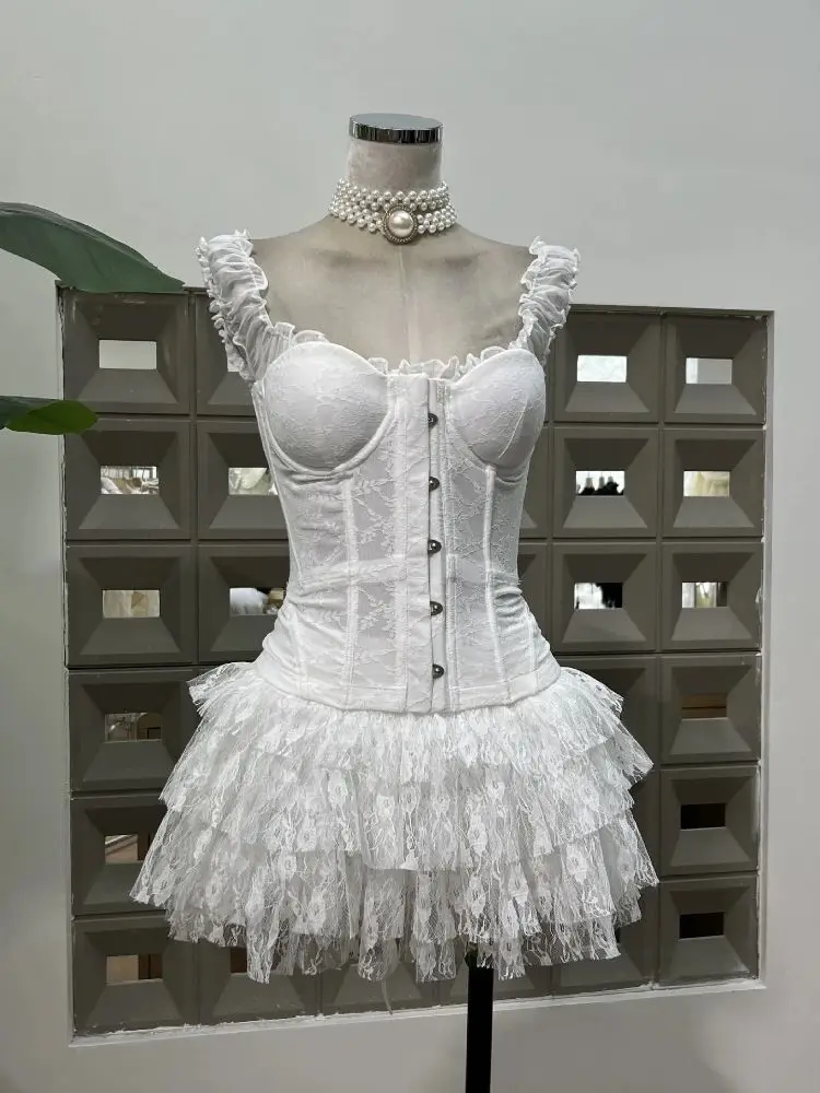 

Sexy Moonlight White Front Bandeau Two Piece Set Lace Layered Skirt Summer Women Fashion Birthday Party Evening Gown Set New Hot