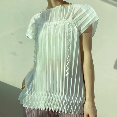 

HOT SELLING Miyake fold fashion short sleeve of slash neck T-shirt solid drawstring T-shirt IN STOCK