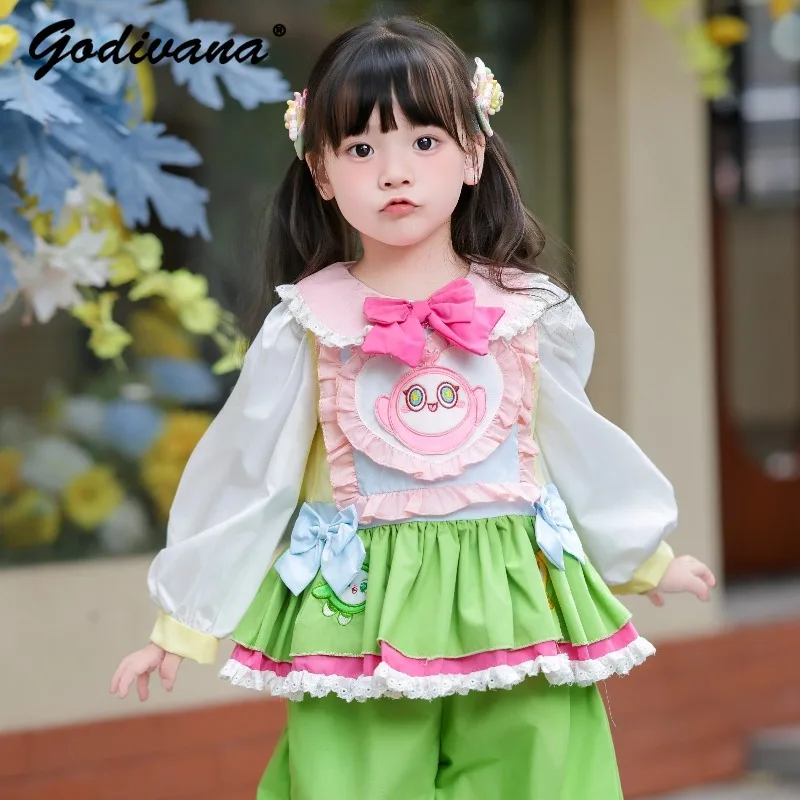 Original Cute Girls Green Eggy Party Top and Pants Set Kids Sweet Cartoon Print Bow Color Block Daily Kindergarten School Outfit