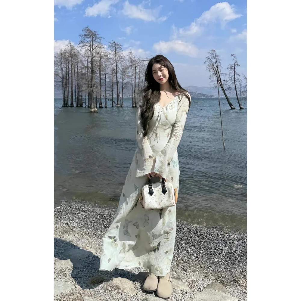 

2024 Spring Summer New Women Flare Sleeves Printed Long Dress Ladies Lace Up Butterfly High Waist Holiday Seaside Chic Dress Y2k