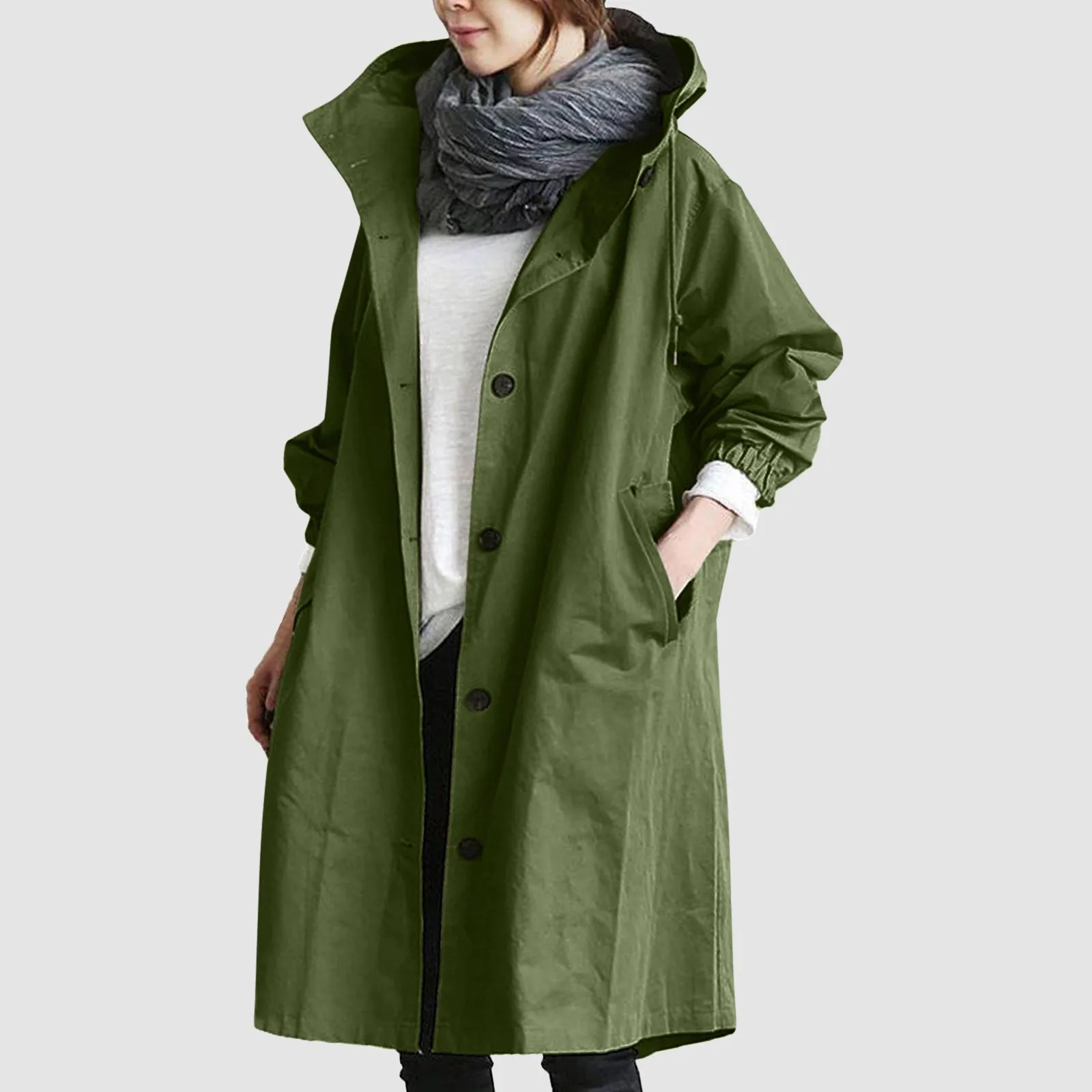 

Trendy Women's Long Trench Coat Women's Solid Color Elegant Windbreaker Loose Comfortable Hooded Temperament Ladies Raincoat