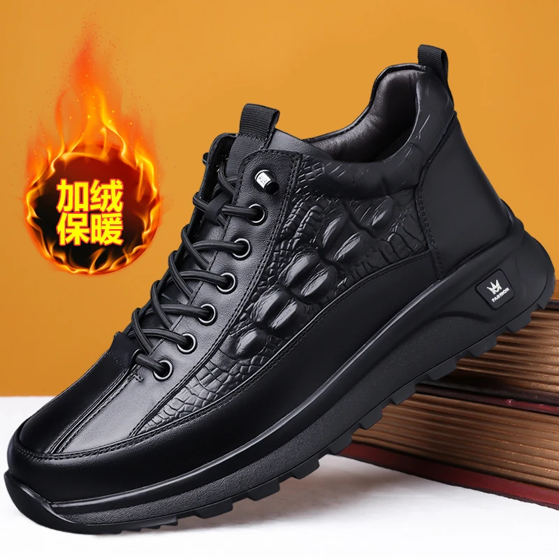 Fashionable Lace Up Warm Cotton Shoes with Fleece Winter Men's Genuine Leather Crocodile Pattern Northeast Cashmere Snow Boots