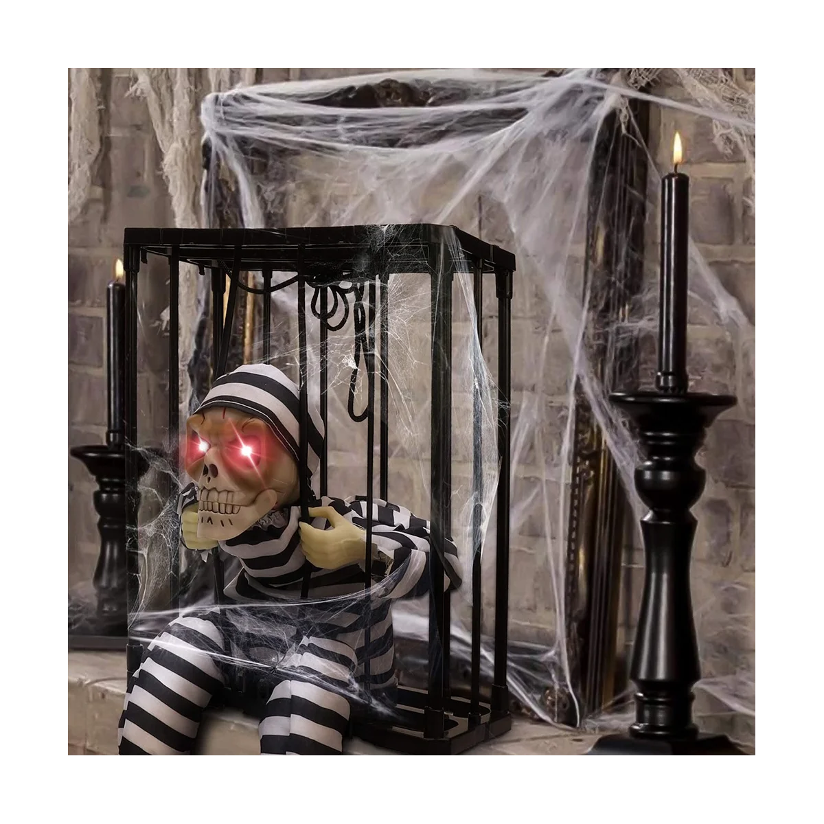 การตกแต่งฮาโลวีนแบบเคลื่อนไหวกรีดร้องของตกแต่งฮาโลวีนพร้อมเซ็นเซอร์ตรวจจับความเคลื่อนไหวนักโทษกรงกะโหลกศีรษะที่น่ากลัว B