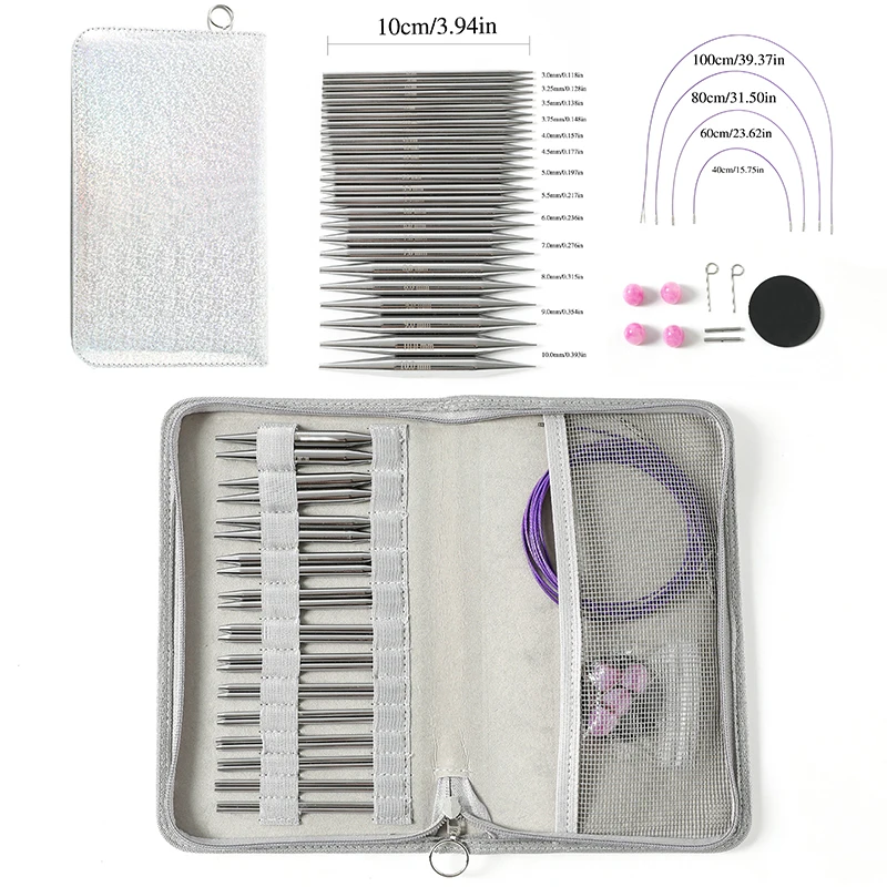 

A Set of 39 Knitting Tools, Detachable Bright White Circular Needles, Aluminum Nickel-Plated Replaceable Heads, Replaceable Rope