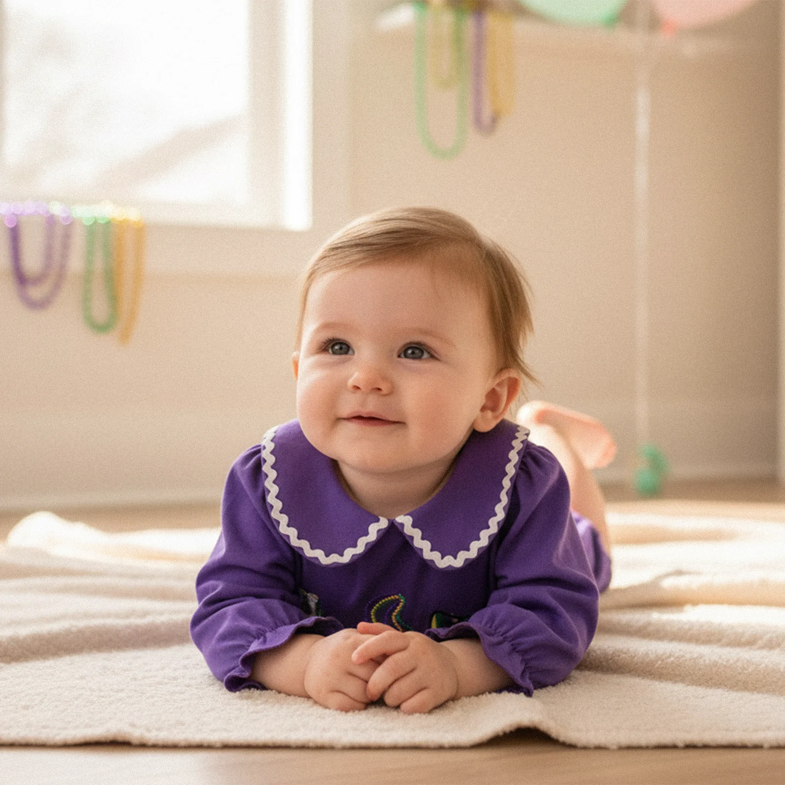 

Baby Girl Carnival Casual Romper Infant Long Sleeve Doll Collar Embroidered Bodysuit