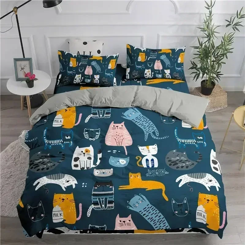 

3D Cartoon Bedding Set For Cute Cats Printed Duvet Cover Twin Full Queen King Double Sizes Pillowcase Bedclothes Soft Polyester
