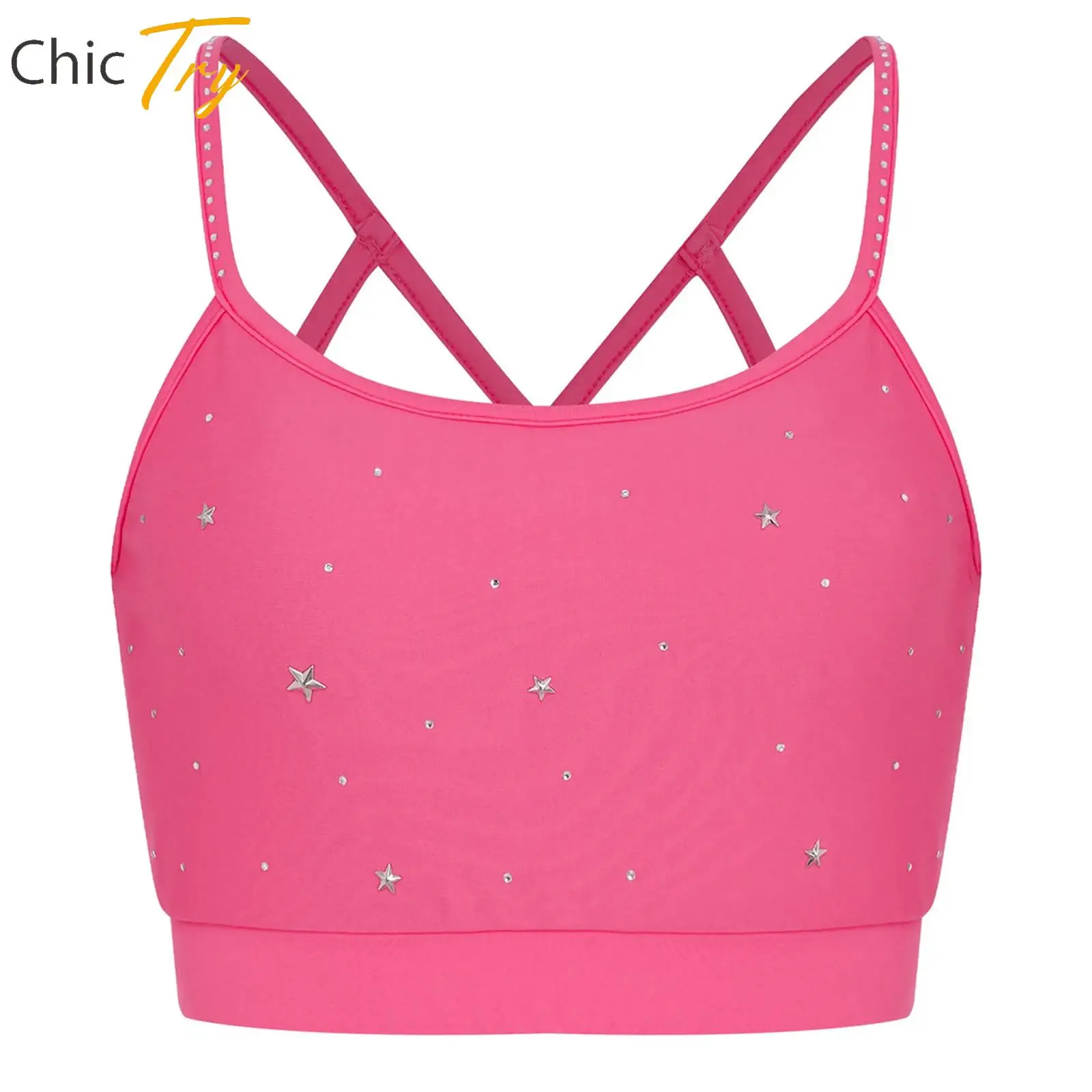 

Adult Women Rhinestones Yoga Bra Crisscross Back Spaghetti Straps Vest with Removable Chest Pads for Sports Gym Workout Pilates