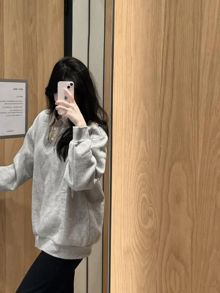 Coreano sle xadrez solto ajuste feminino ne suor outono inverno fce forrado casual versátil preguiçoso sle topo