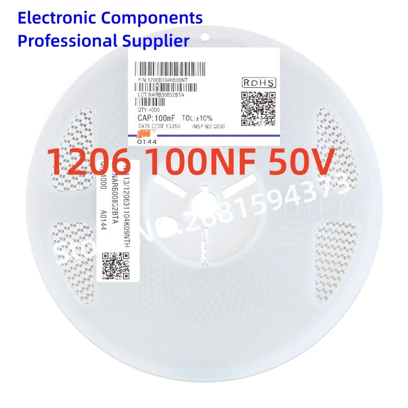 

2000pcs/reel SMD chip capacitor 1206 100N 0.1UF 104K 50V 3216 3.2X1.6mm 10% X7R 1206B104K500NT NEW High quality 1 reel