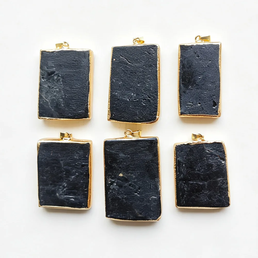 6pcs Fashion Natural Black tourmaline gold color side Rectangle Pendants diy Necklaces jewelry making Wholesale fast shipping