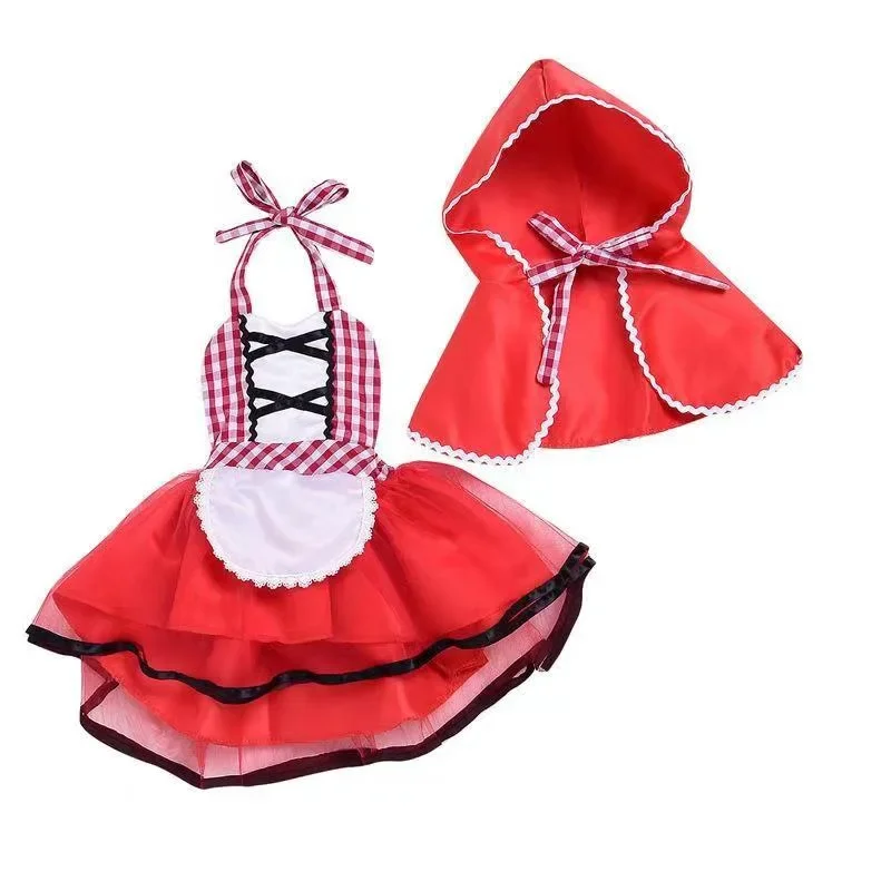 Kinder-Märchenbuch-Kostüm für Mädchen, Rollenspiel-Partykostüm, Kapuzenumhang, Rot Karierter Rock mit Schnürung, Halloween-Feiertagsoutfit – Detail 4