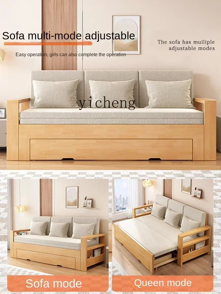 b11- all solid wood sofa bed folding dual-purpose multi-function telescopic push-pull rubber wood fabric sofa bed