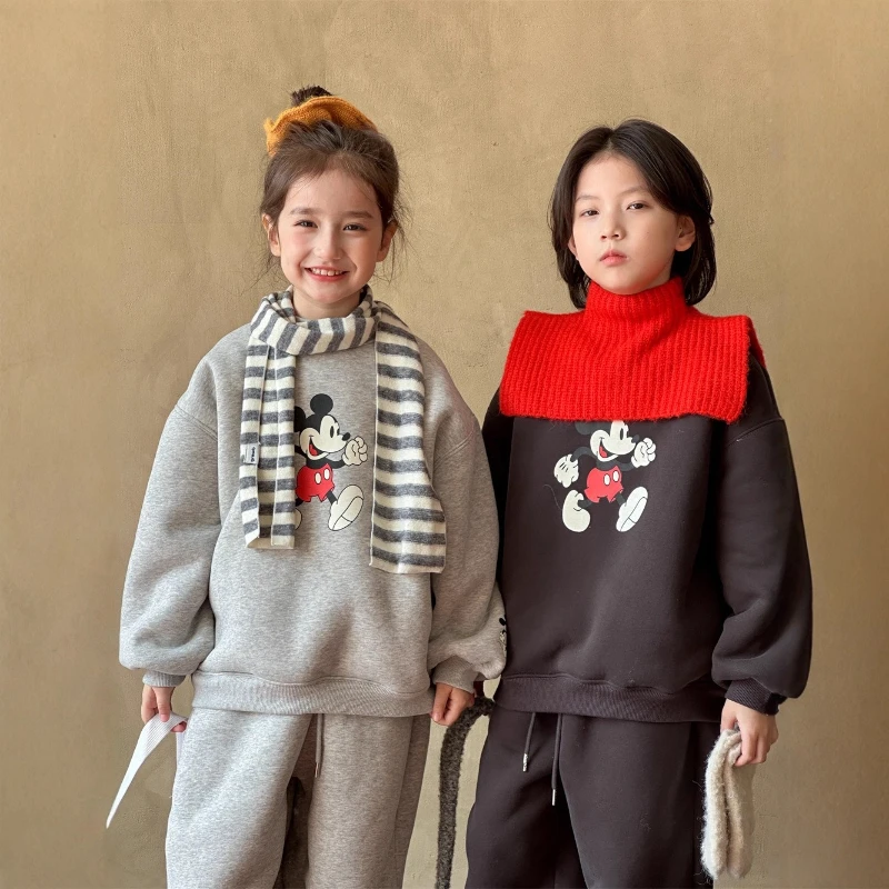 

2025 Kids Alpaca Fleece Set, Korean Cartoon Print Loungewear for Boys & Girls 2-Piece Winter Fashion