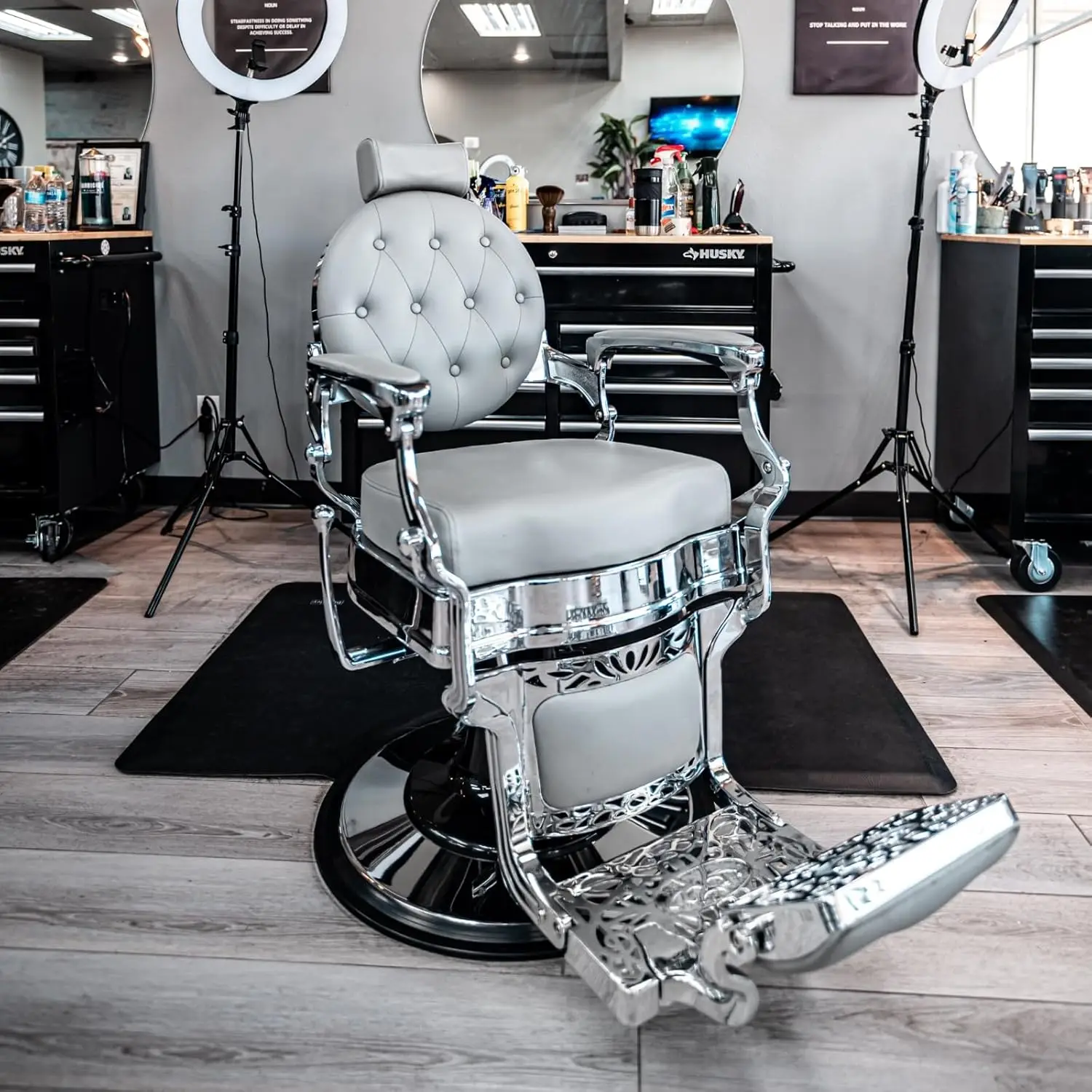 Vintage Barber Chair, Reclining Heavy Duty Barber Chair, Grey Seat Chrome Frame