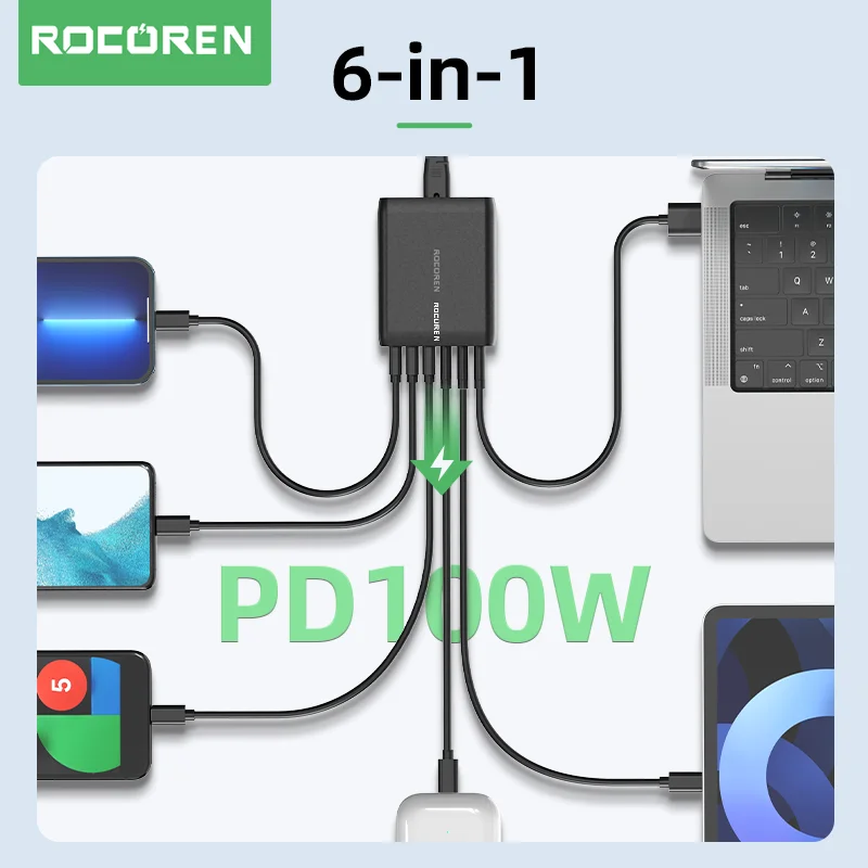 Rocoren 100W USB Charger Type C PD Fast Charging Multiple 6 Ports Desktop Charger Station For iPhone 14 Pro Xiaomi Samsung POCO