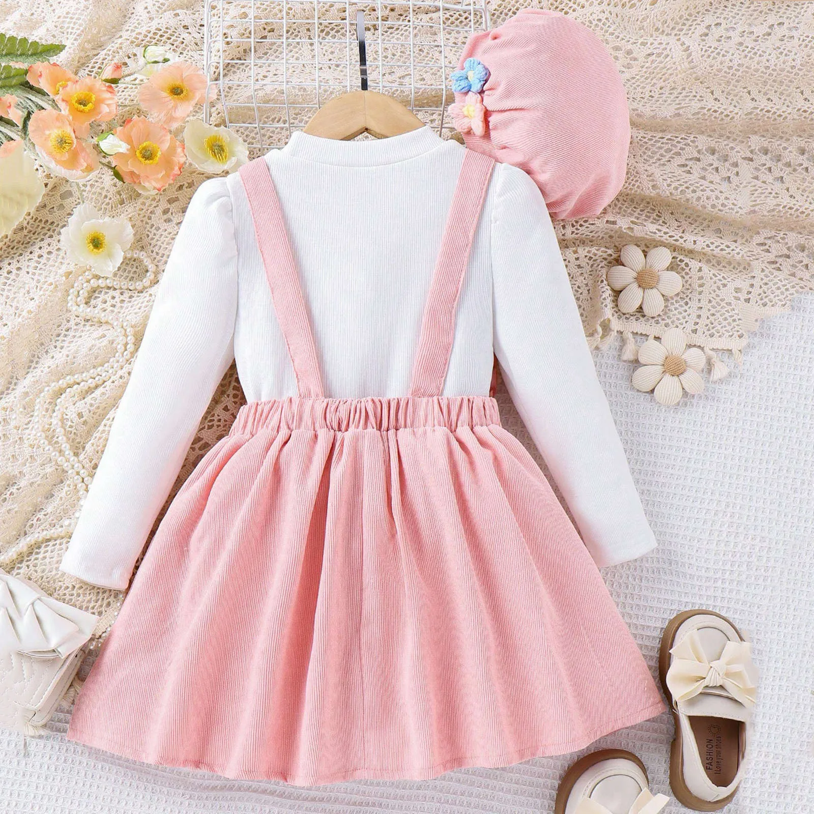 2024 Autumn Winter Girls Clothes Long-sleeved Top+Floral Splice Suspenders Dress+Cap 3 Pieces Set Casual Kids Clothes Age 3T-8T