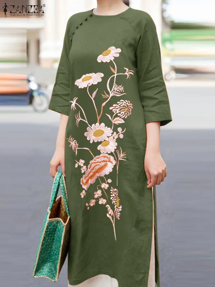 ZANZEA Summer Casual Floral Embroidery Dress Woman 3/4 Sleeve O-Neck Vestidos Female Fashion Split Hem Sundress 2024 Oversized