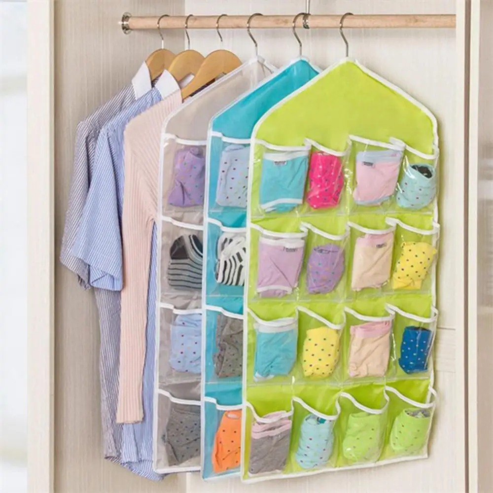 Hanging 16 Pockets Socks Bra Underwear Organizer Tidy Rack Hanger Storage Door Bag For Bathroom Living Room Household Sundries