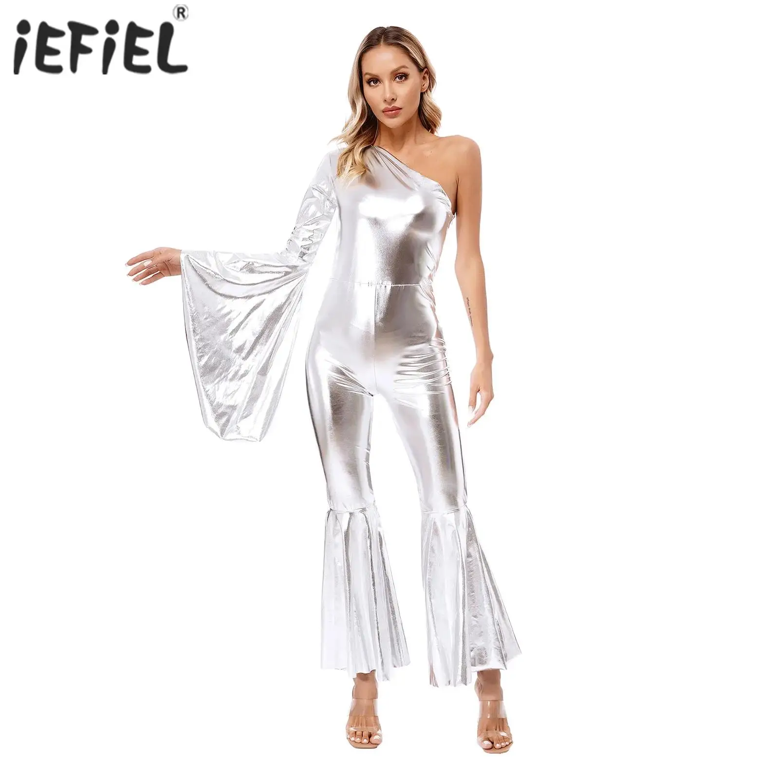 Womens Metallic Shiny Bell-Bottom Dance Jumpsuit One Shoulder Flare Sleeve Bodysuit Cheerleading Uniform Theme Party Clubwear