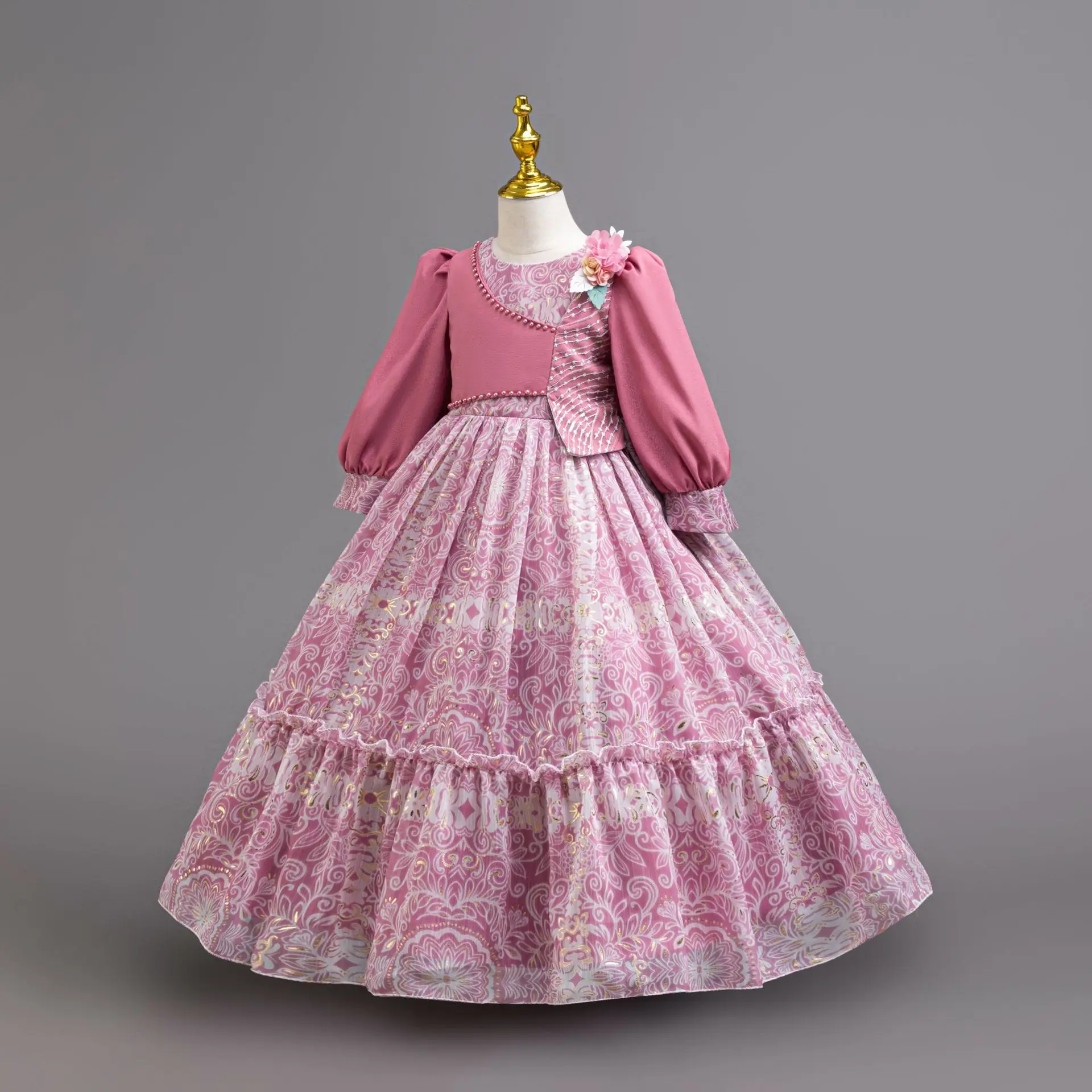 HETISO Retro Floral Girls Chiffon Dresses Long Sleeve Children's Elegant Princess Birthday Ball Gown for Party Wedding 3-12Y