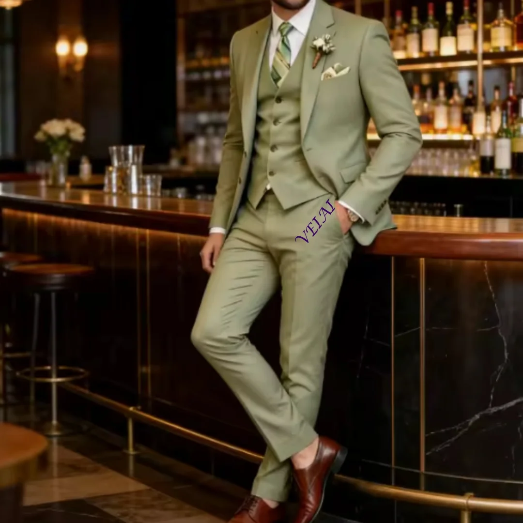 CustomizedNew Army Green Business Suit Men Tuxedos Groom Groomsman Prom Wedding Party Formal Occasion Male 3 Piece Set Jacket Ve