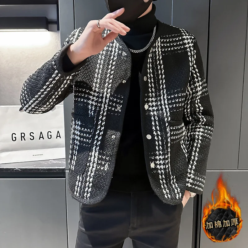 Korean Fashion Plaid Collarless Men's Parka Jackets Winter Thickened and Warm Cotton Coat Casual Business Hiphop Overcoat 2023