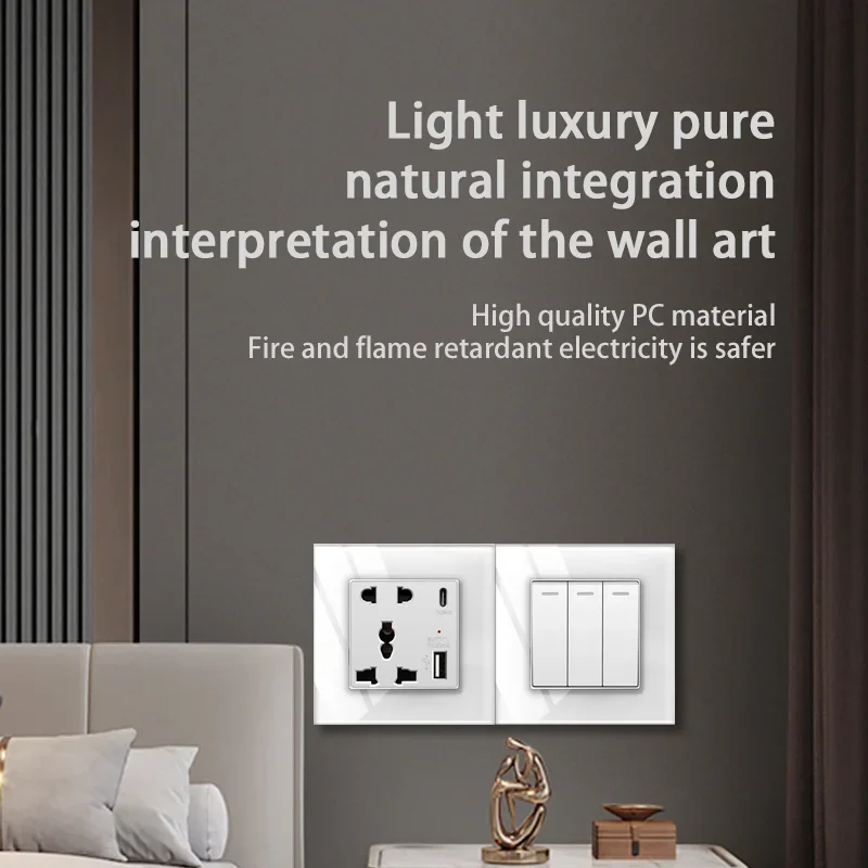 EU/UK/RU Standard USB Single Socket Switch 1Gang 1Way White Crystal Sensor Wall Light Switch Power Double Sockets Outlets