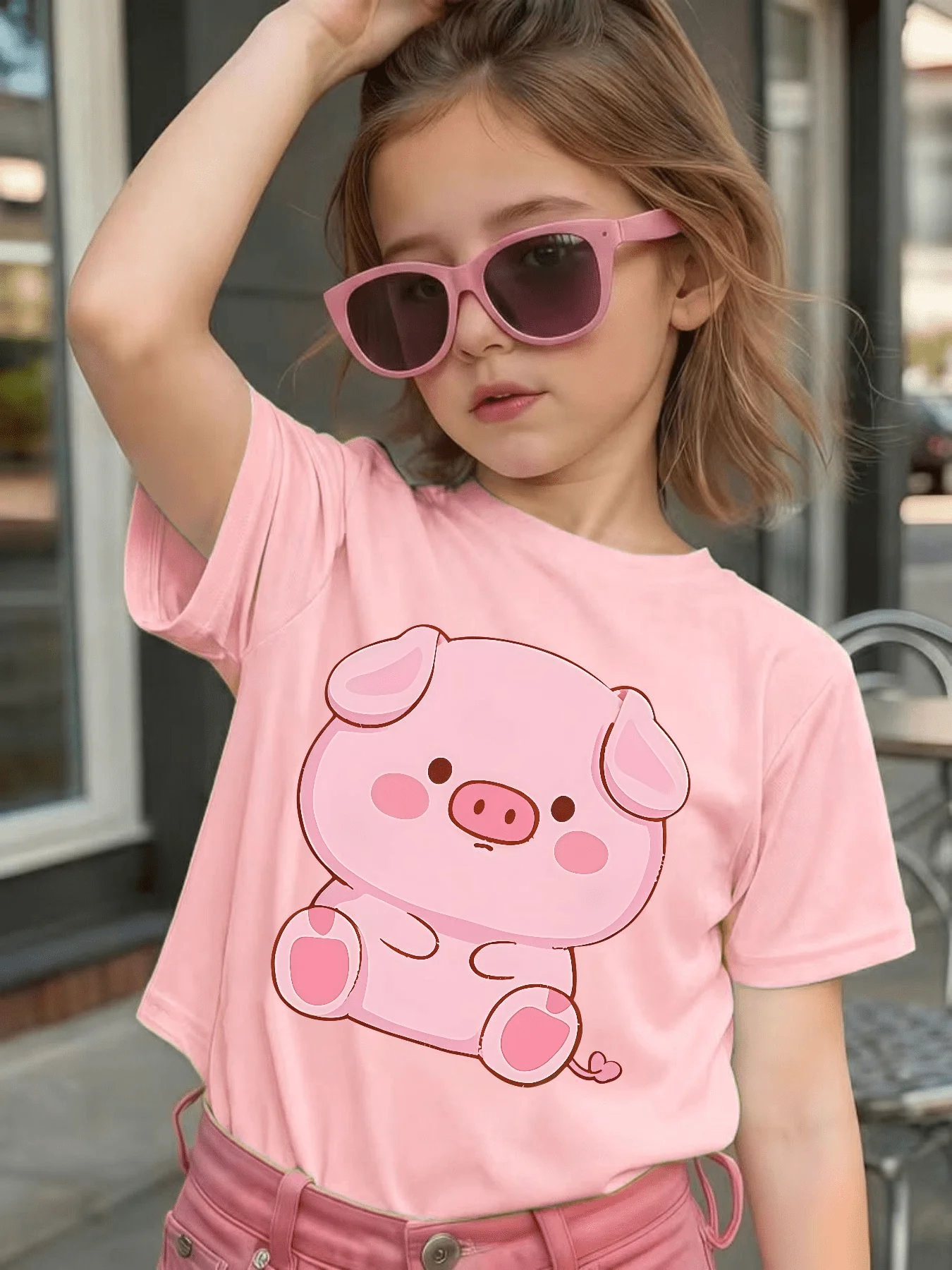 Lovely Sitting Pink Pig Print Kids T Shirt Cotton Short Sleeve Boys Girls Parent Child Matching Gentle Summer Casual Daily Tees