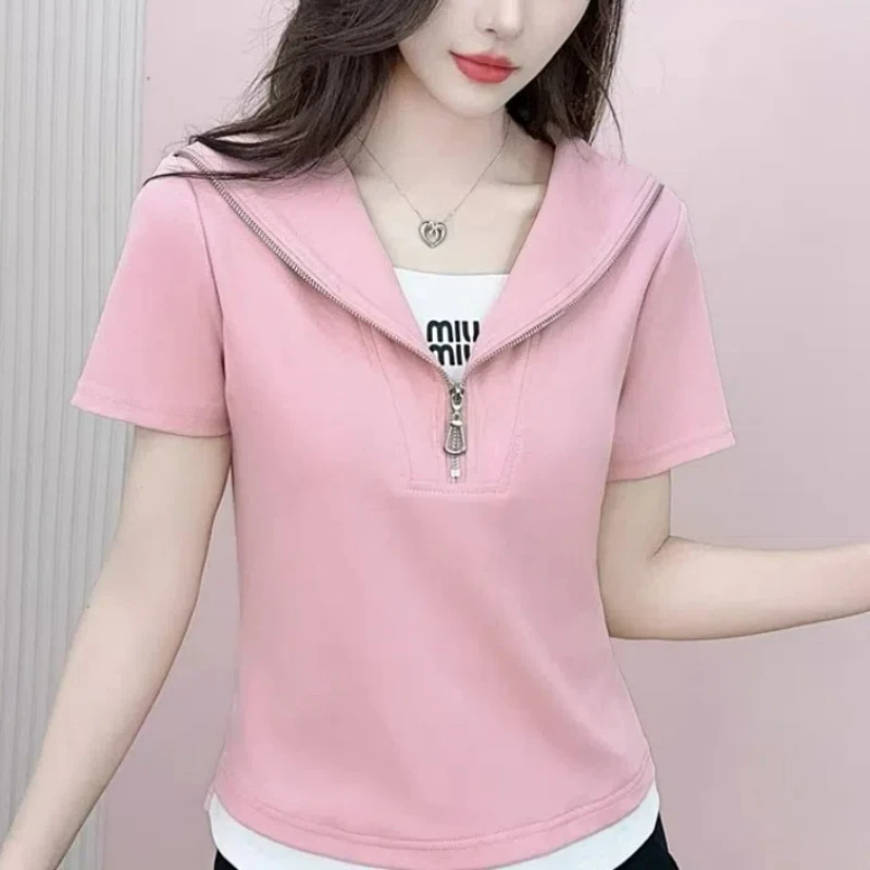 

Summer Fashion Patchwork Fake Two Piece Short Sleeved T-shirt Women Half Open Collar Korean Panelled Irregular Half Zipper Tops