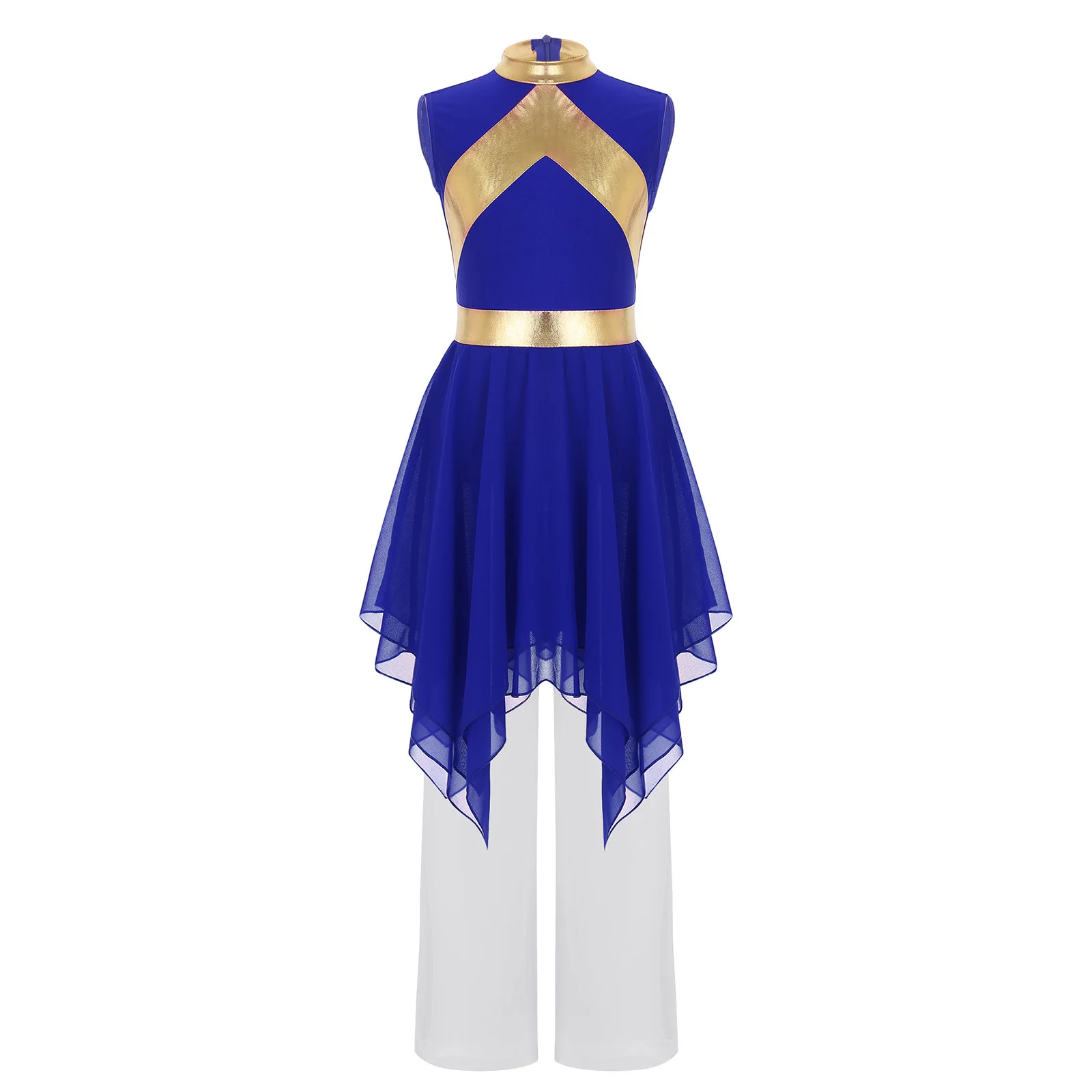 

Kids Girls 2Pcs Liturgical Praise Dance Clothings Metallic Contrast Color Sleeveless Asymmetrical Hem Dress with Wide-Leg Pants