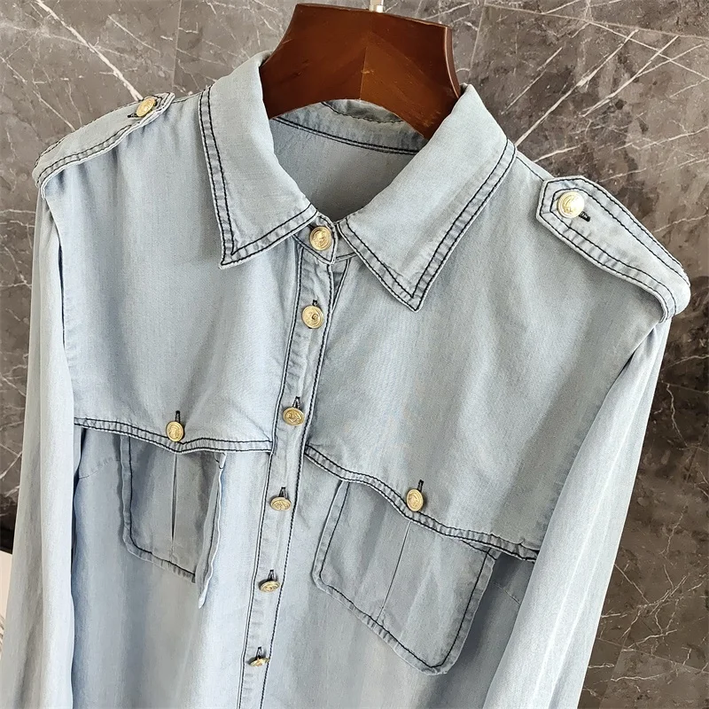 

Ele Waed Heavy Du oulder Patch Embellied Denim irt Spring Collection Cotton Silk Luster Color Commute S...