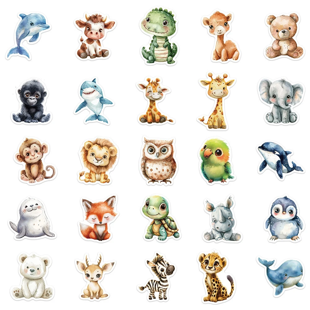 10/30/50pcs Carino Per Bambini Libro Dipinti Animali Adesivi Estetica FAI DA TE Bagagli di Skateboard Carino Watercolo Graffiti Adesivo giocattoli