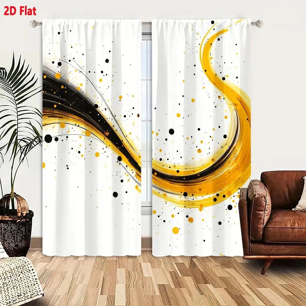 2Pcs Curtains 2D Flat Abstract Art With Dynamic Black And Golden Yellow Brushstrokes And Scattered Dots On White Background Wind
