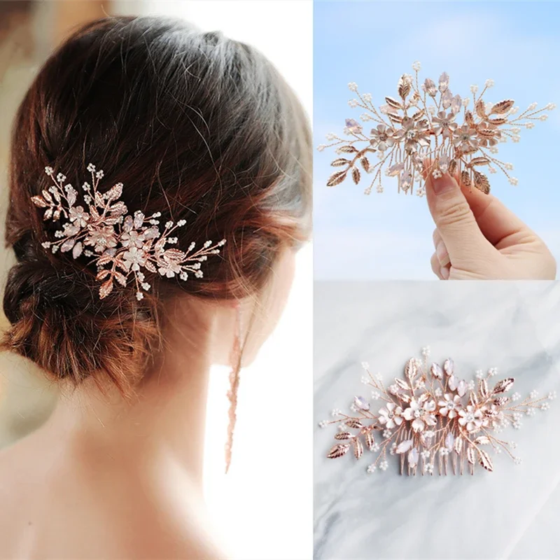 

Rose Gold Color Crystal Pearl Flower Leaf Hair Comb Clip Hairpin Headband For Women Bride