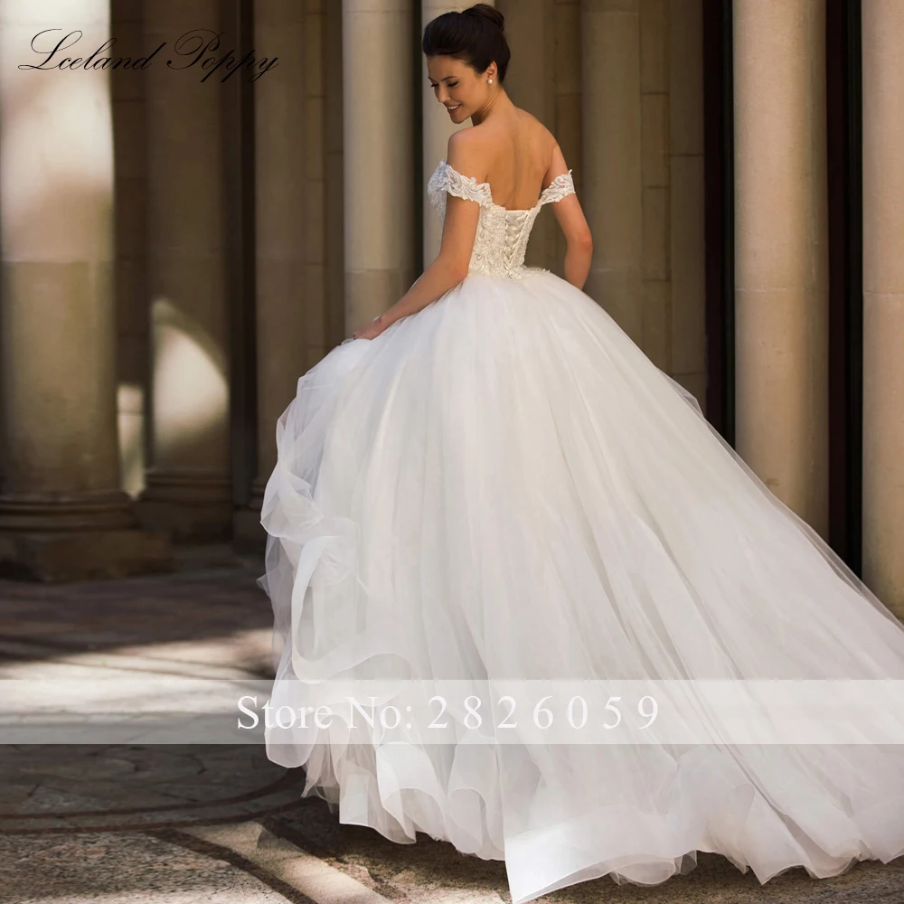أيسلندا الخشخاش مخصص الكرة بثوب تول فساتين الزفاف قبالة الكتف اللؤلؤ مطرز الدانتيل أثواب الزفاف مع قطار المحكمة