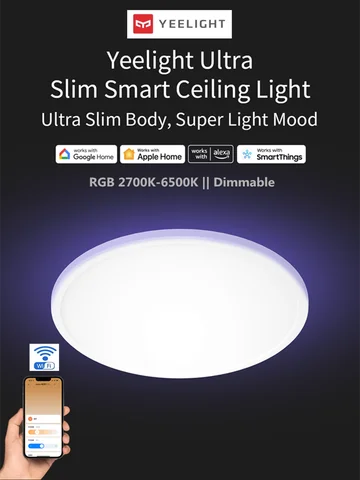 Yeelight Smart Led RGB Ceiling Light Wifi 24W Dimmable 2700K-6500K Ultra Thin Smart Voice Control work with APP Homekit Mi home