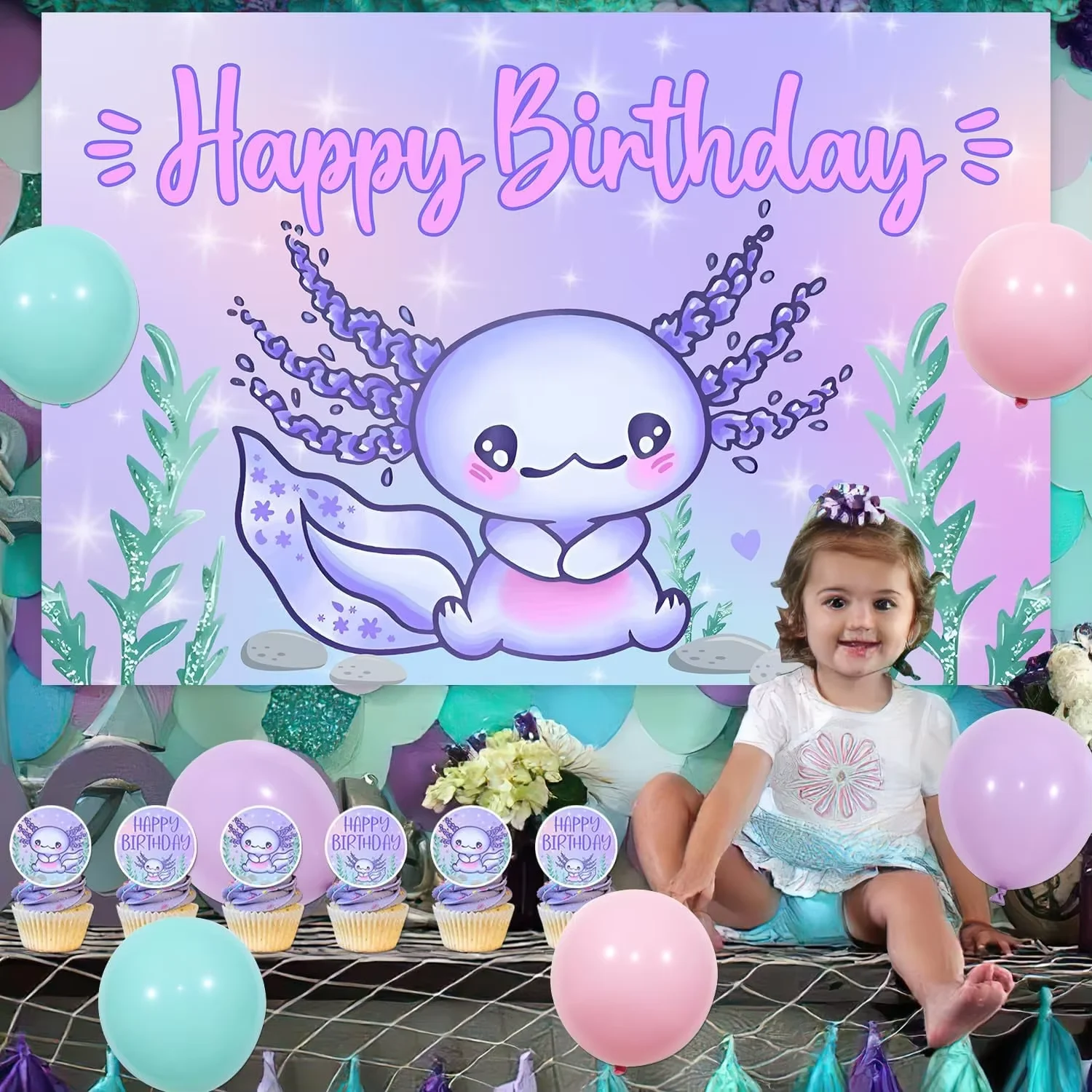 Cartoon Axolotl Theme Birthday Background Girl Photo Colorful Aquatic Plants Children's Party Decoration Custom Banner Props