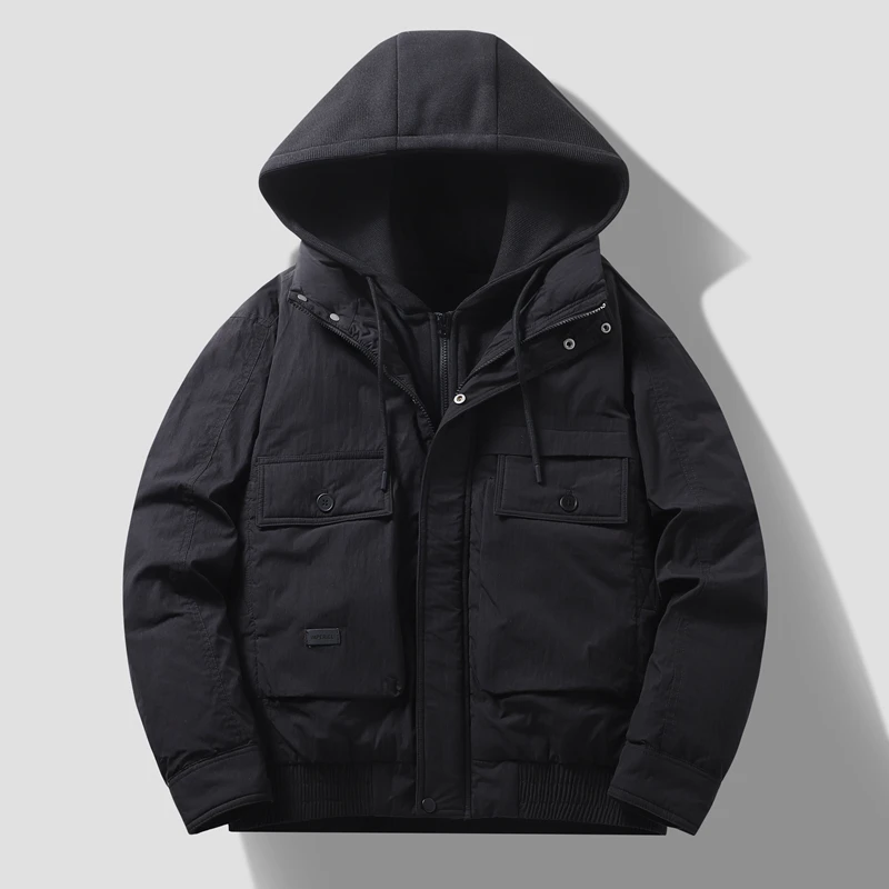 سترة رجالية كاجوال كبيرة الحجم بغطاء للرأس، لون سادة، نمط منتفخ مع حشوة البط الأبيض، معطف يومي متعدد الاستخدامات