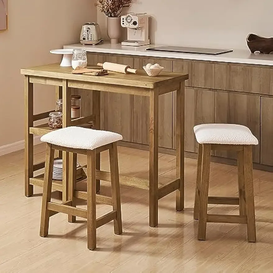 2 Boucle Stools, 3-Piece Dining Table Set for 2, Small Kitchen Island Table with Storage Shelves