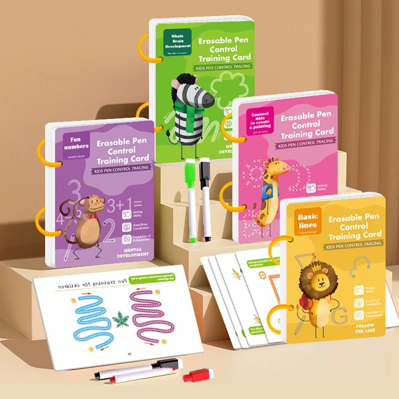كتاب تدريب للتحكم في القلم، كتاب ممارسة قابل للمسح وقابل للتكرار، بطاقة تمرين الكتابة الأساسية للمبتدئين في التعليم المبكر